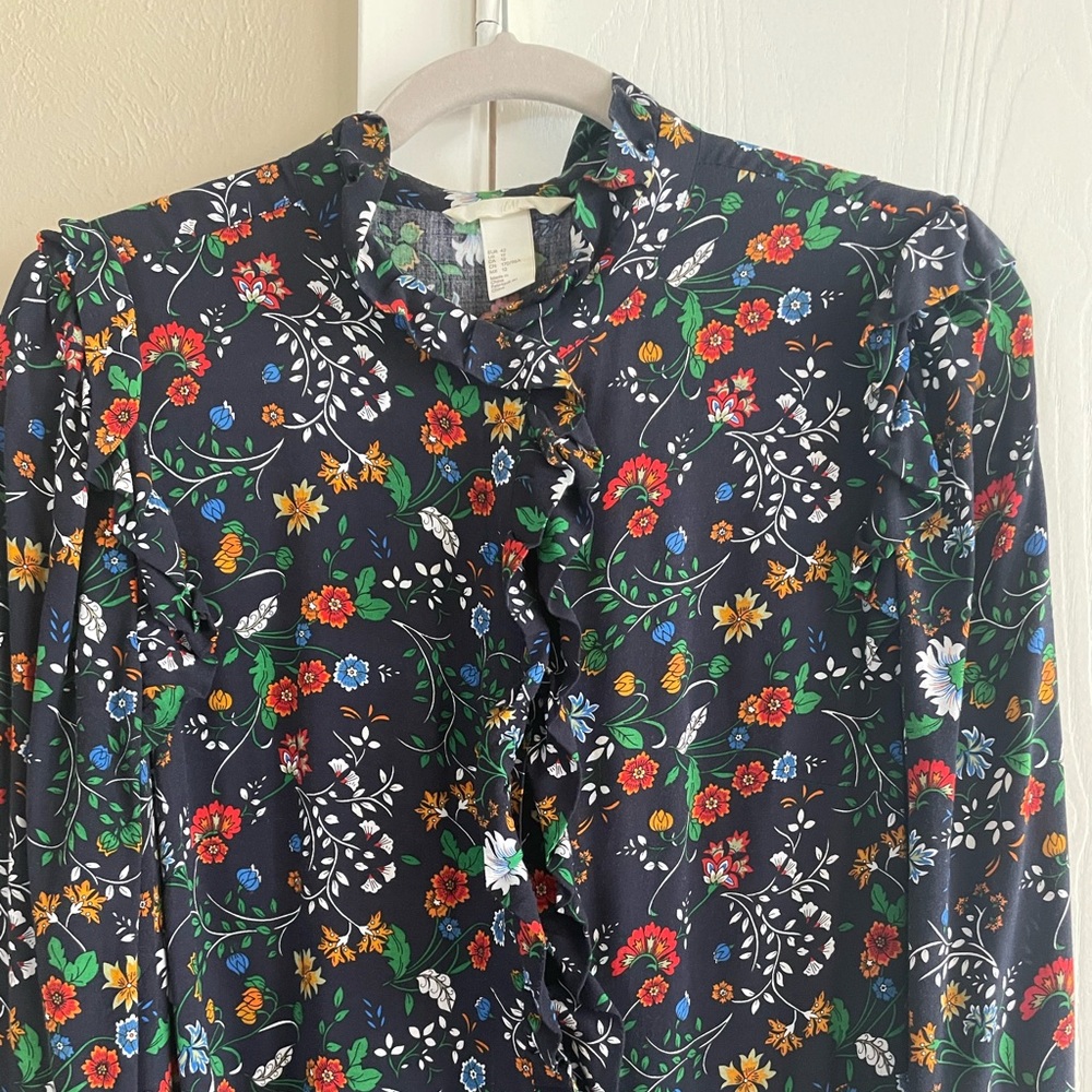 H&M high neck dark floral ruffled midi dress size 12